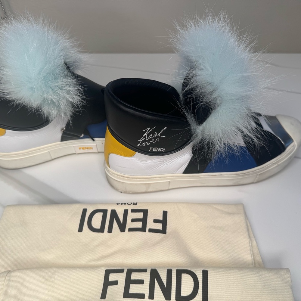 Fendi Karlito Monster Sneakers with Blue Mink Fur Pom-Poms